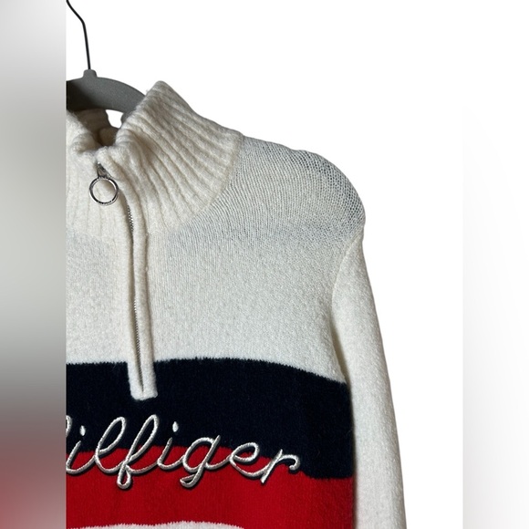 Tommy Hilfiger Flag Quarter Zip Sweater Small White Red Navy Logo Knit Pullover - Picture 4 of 10